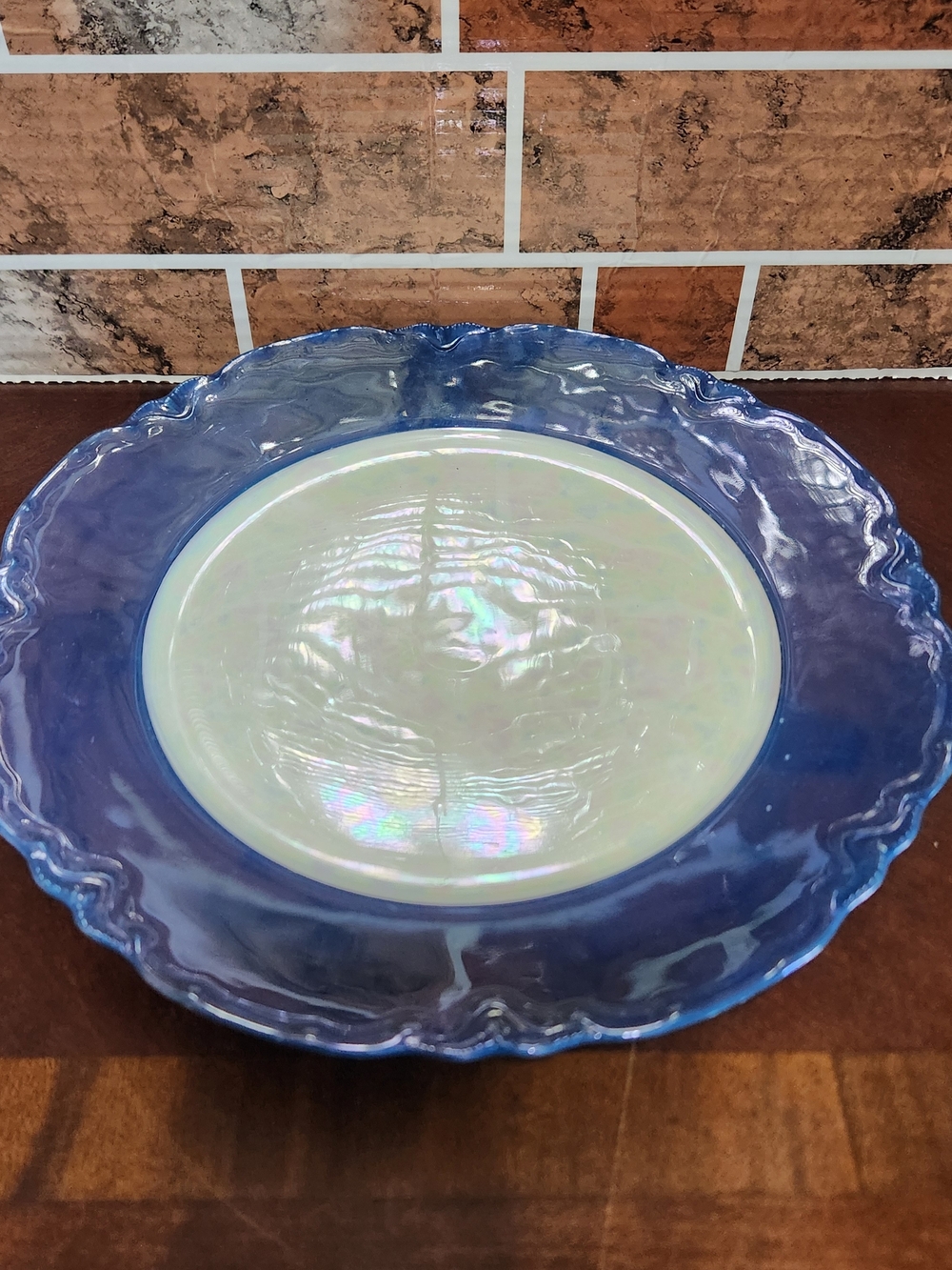 Iridescent White Center Blue Rim Decorative Serving Plate
